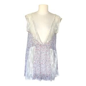 POL White Floral Lace Print Sleeveless Tunic Top Drawstring Back Women's Small
